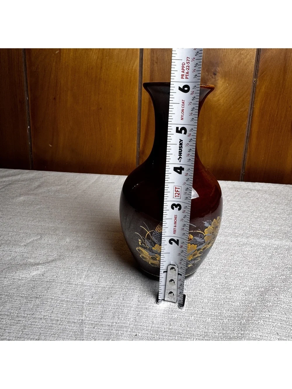 Vintage Peacock Floral Brown Ceramic Vase 6 Inch Decorative Accent